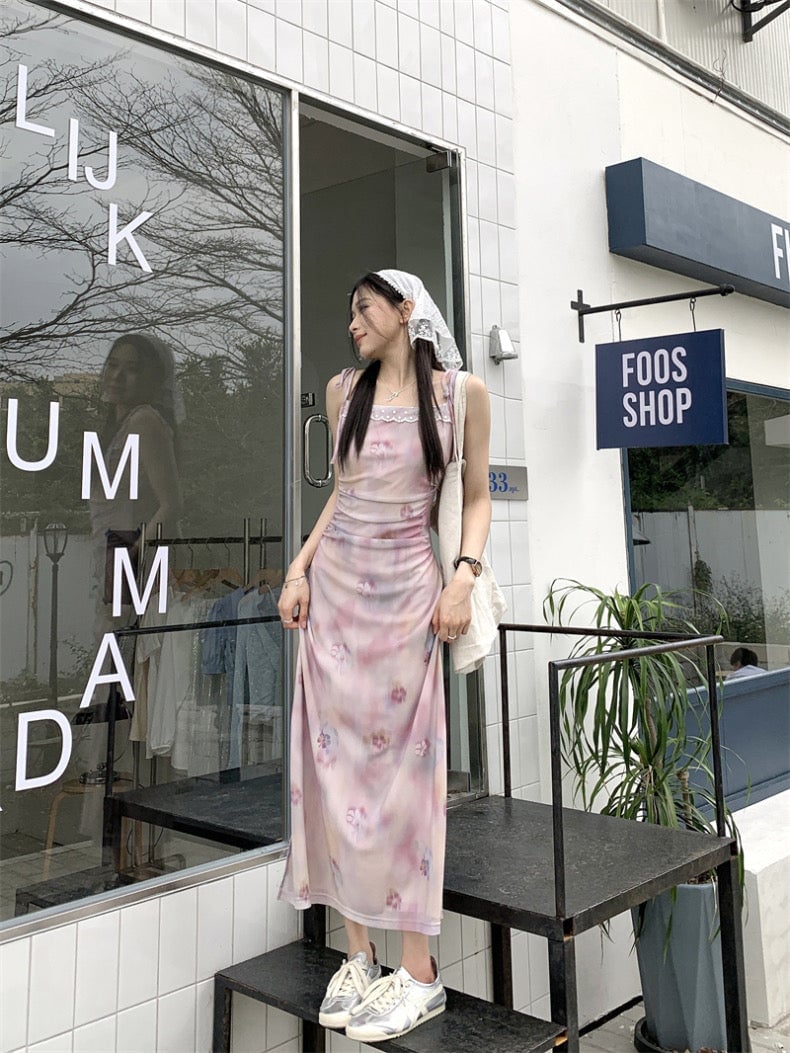 Light Pink Floral Midi Dress With Lace Trim And Cardigan — Aesthetic Pastel Dress