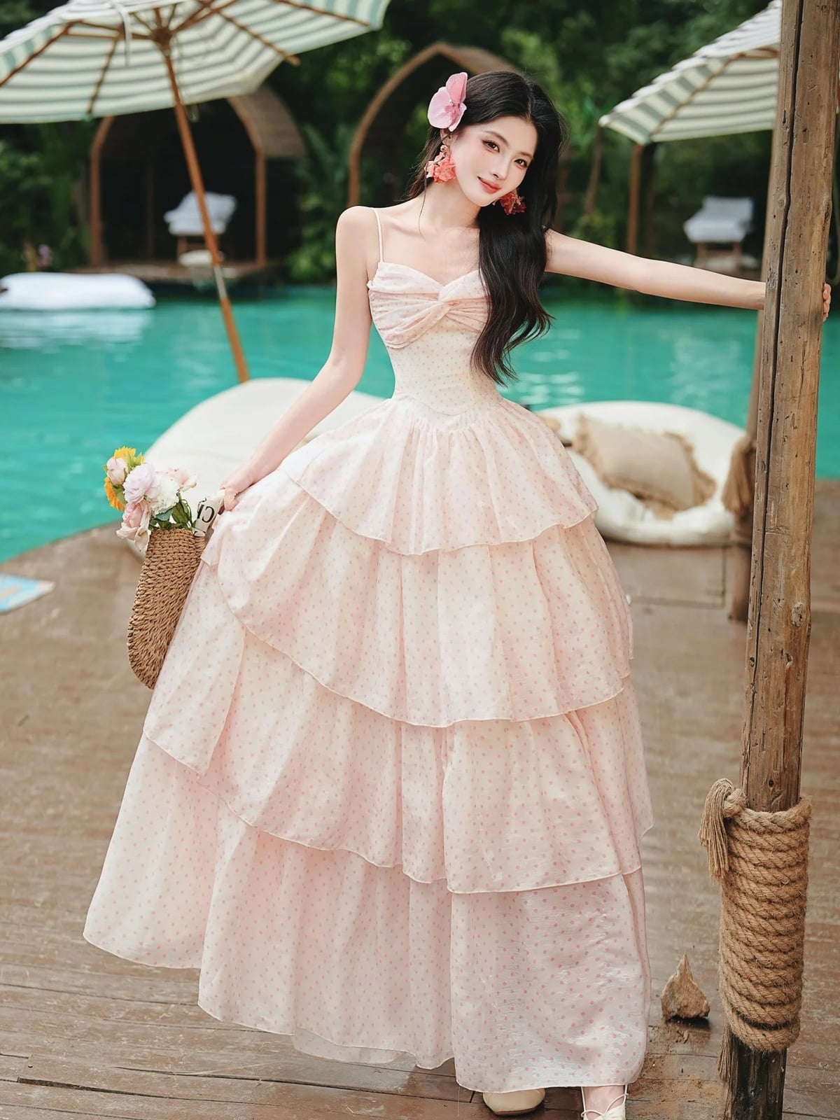 Pale Pink Polka Dot Tiered Ruffled Dress — Aesthetic Pastel Dress