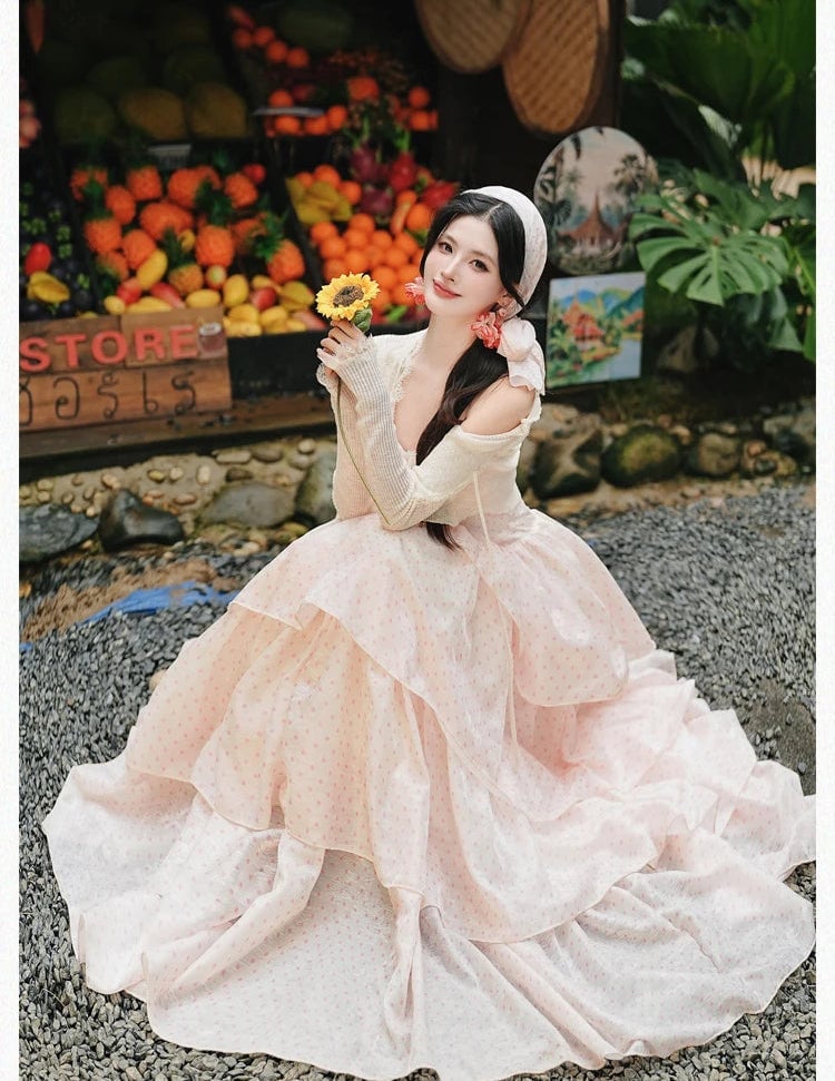 Pastel Pink Tiered Off-Shoulder Dress With Long Sleeves — Aesthetic Pastel Dress