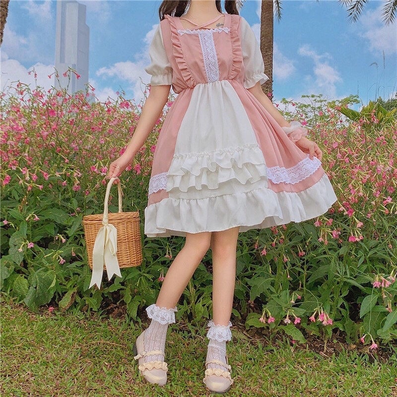 Pink And White A-line Dress With Ruffled Layers — Aesthetic Pastel Dress
