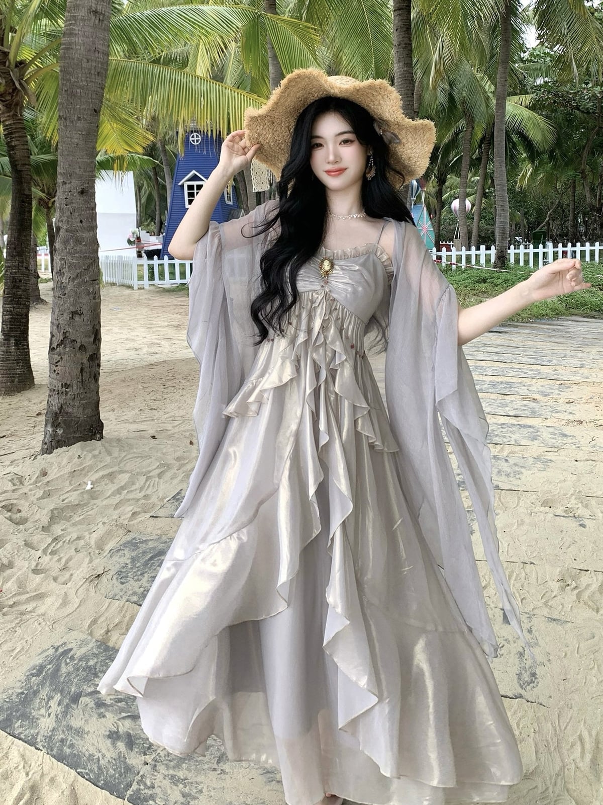 Pale Purple And Grey Shimmering Dress With Ruffled Tiers — Aesthetic Pastel Dress