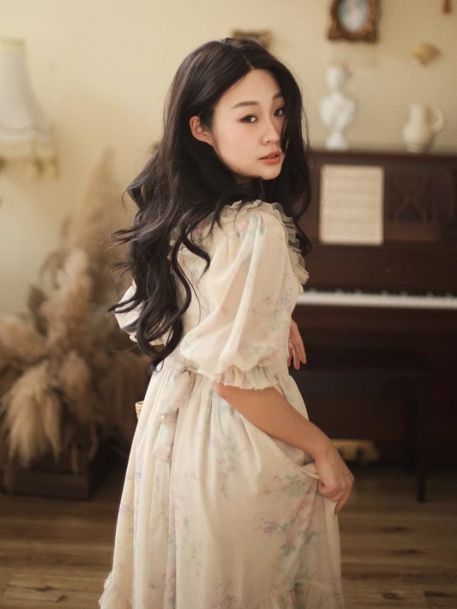 Pastel Floral Dress With Off-Shoulder Neckline And Puff Sleeves — Aesthetic Pastel Dress