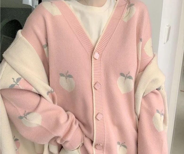 Oversized Pink Cardigan With Peach Print — Aesthetic Pink Cardigan Outfit