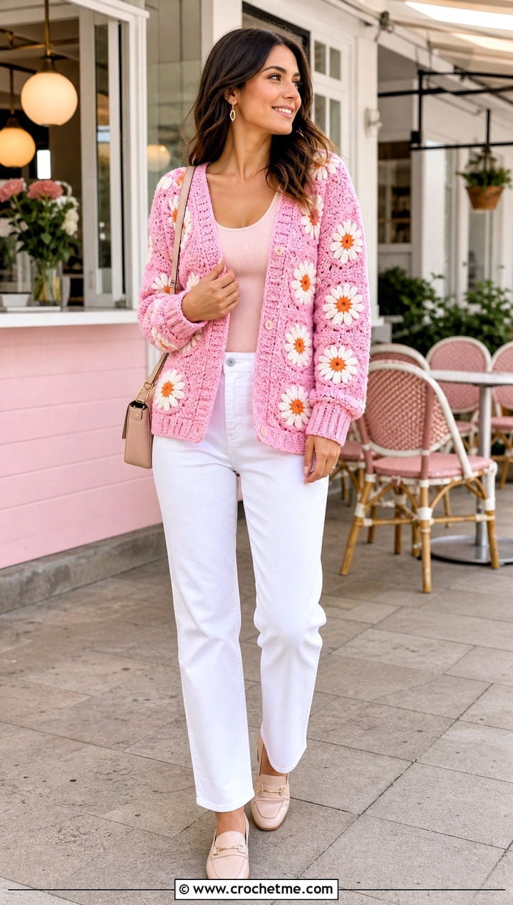 Granny Square Pink Crochet Cardigan With White Jeans — Aesthetic Pink Cardigan Outfit