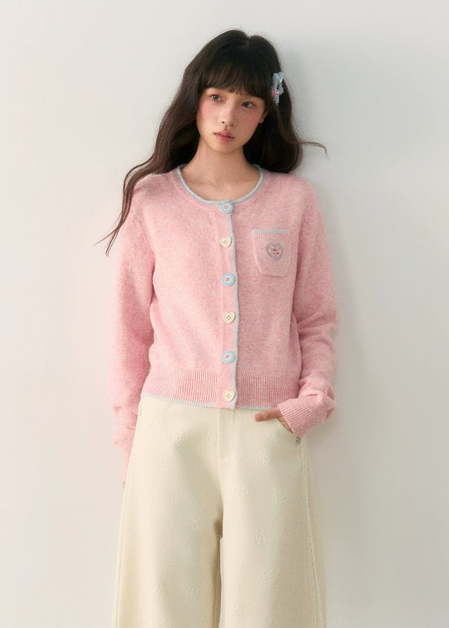 Pink Knit Cardigan With Contrast Trim — Aesthetic Pink Cardigan Outfit