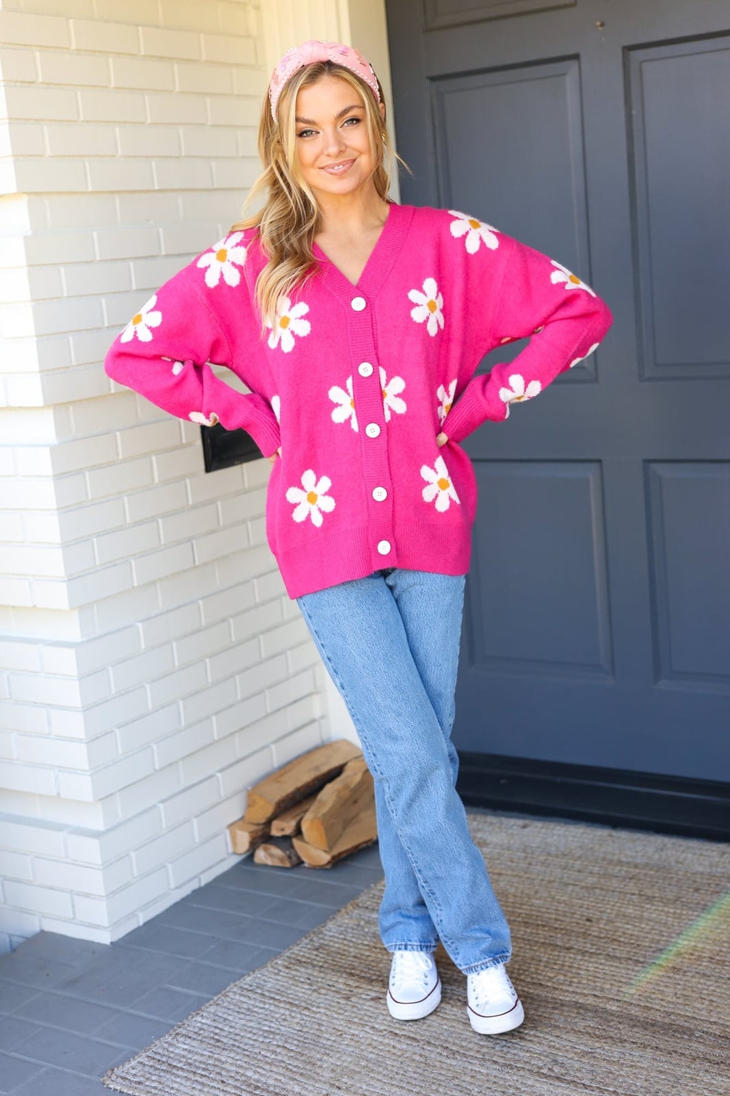 Pink Floral Cardigan With White Sneakers — Aesthetic Pink Cardigan Outfit