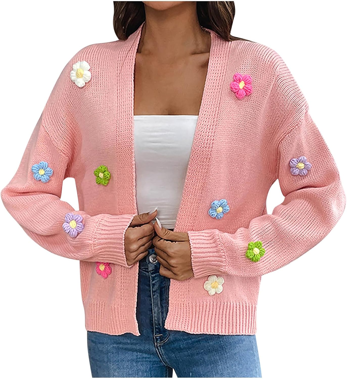 Pink Cardigan With 3D Floral Appliques Y2K — Aesthetic Pink Cardigan Outfit