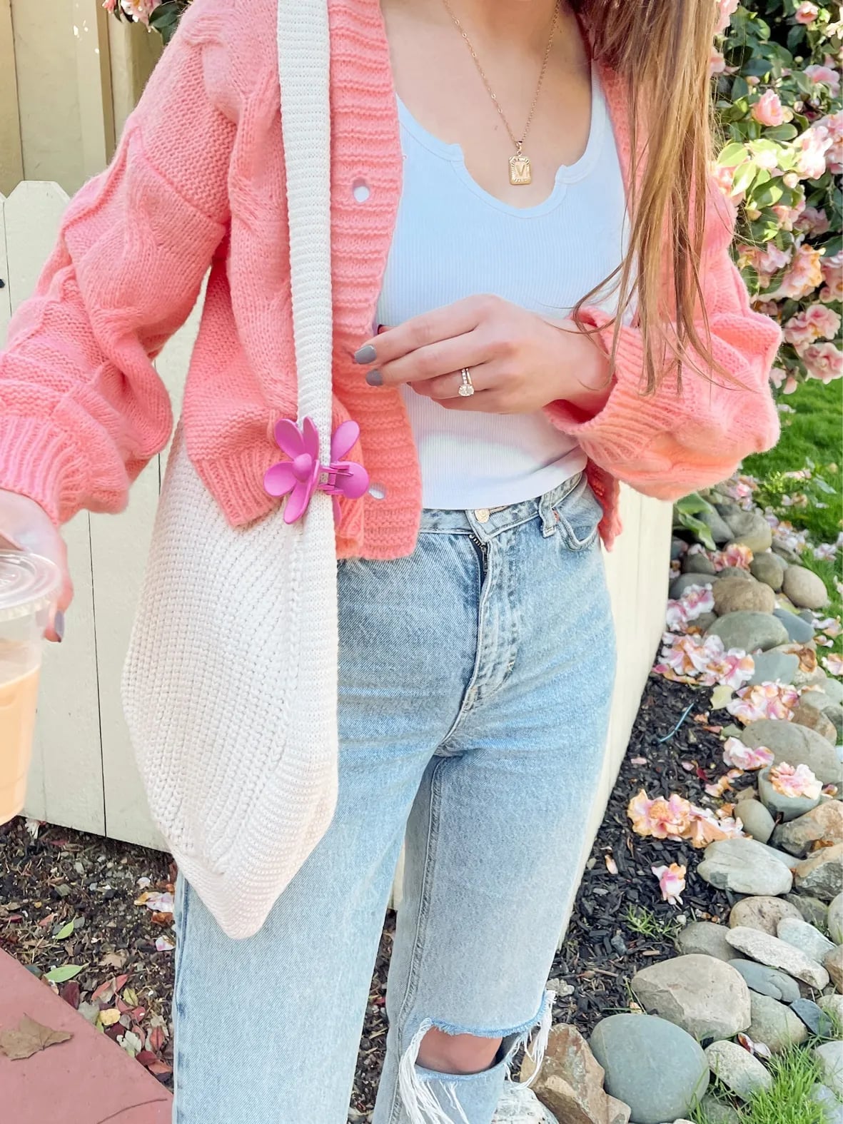 Pastel Pink Cable Knit Cardigan With Distressed Jeans — Aesthetic Pink Cardigan Outfit