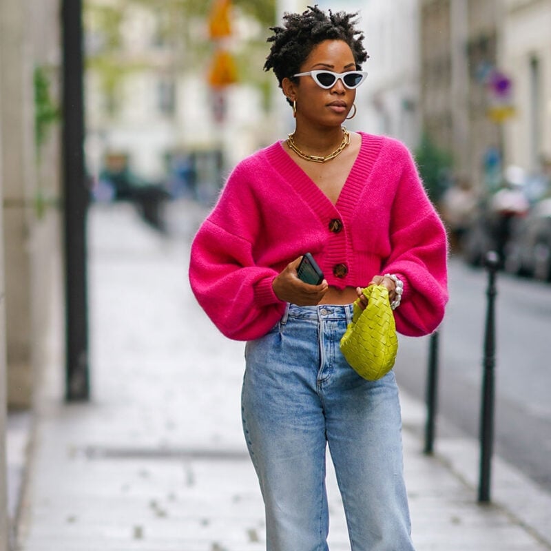 Fluffy Hot Pink Cropped Cardigan With Blue Jeans — Aesthetic Pink Cardigan Outfit