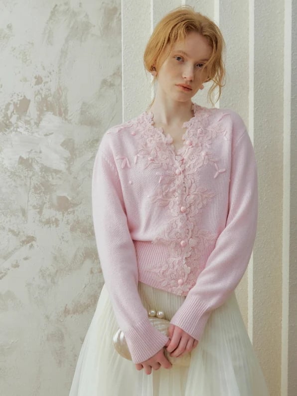 Lace Appliqué Button Cardigan Aesthetic — Aesthetic Pink Cardigan Outfit