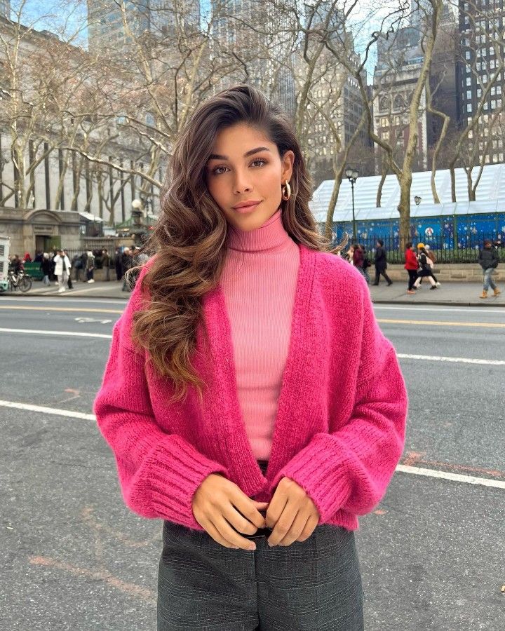 Chunky Knit Pink Cardigan Layered Monochromatic — Aesthetic Pink Cardigan Outfit