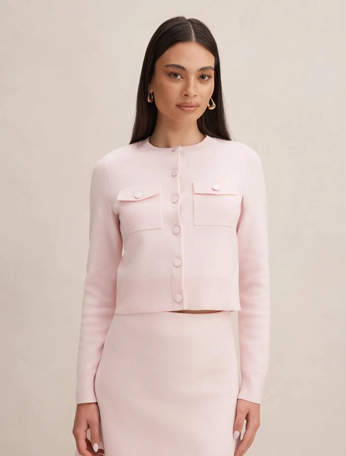 Soft Pink Cropped Cardigan With Matching Skirt — Aesthetic Pink Cardigan Outfit