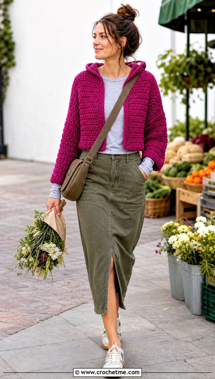 Hooded Pink Crochet Cardigan With Denim Midi Skirt — Aesthetic Pink Cardigan Outfit