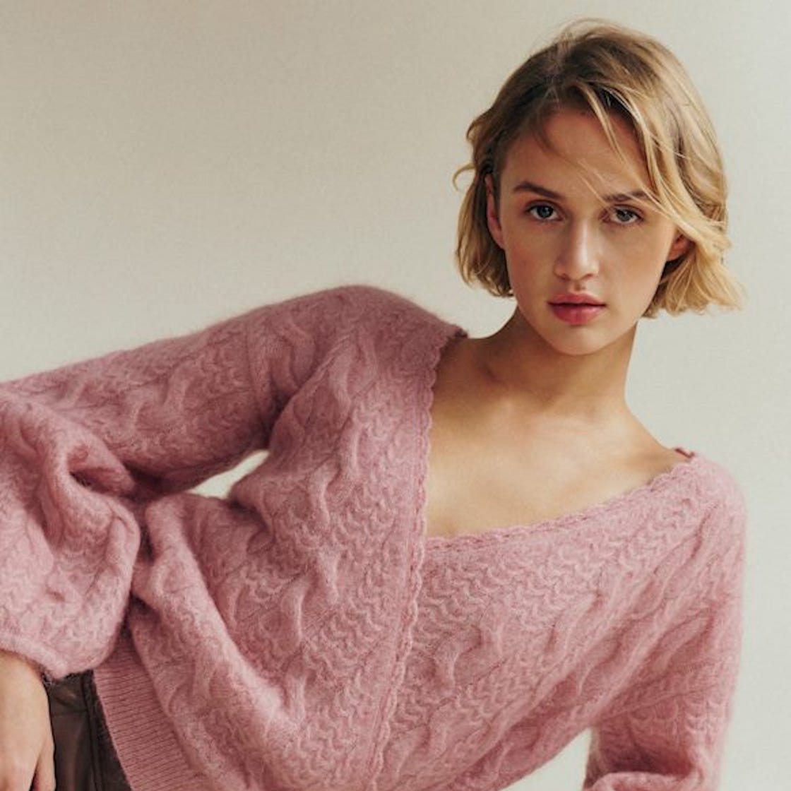 Fitted Pink Cable Knit Cardigan Elegance — Aesthetic Pink Cardigan Outfit