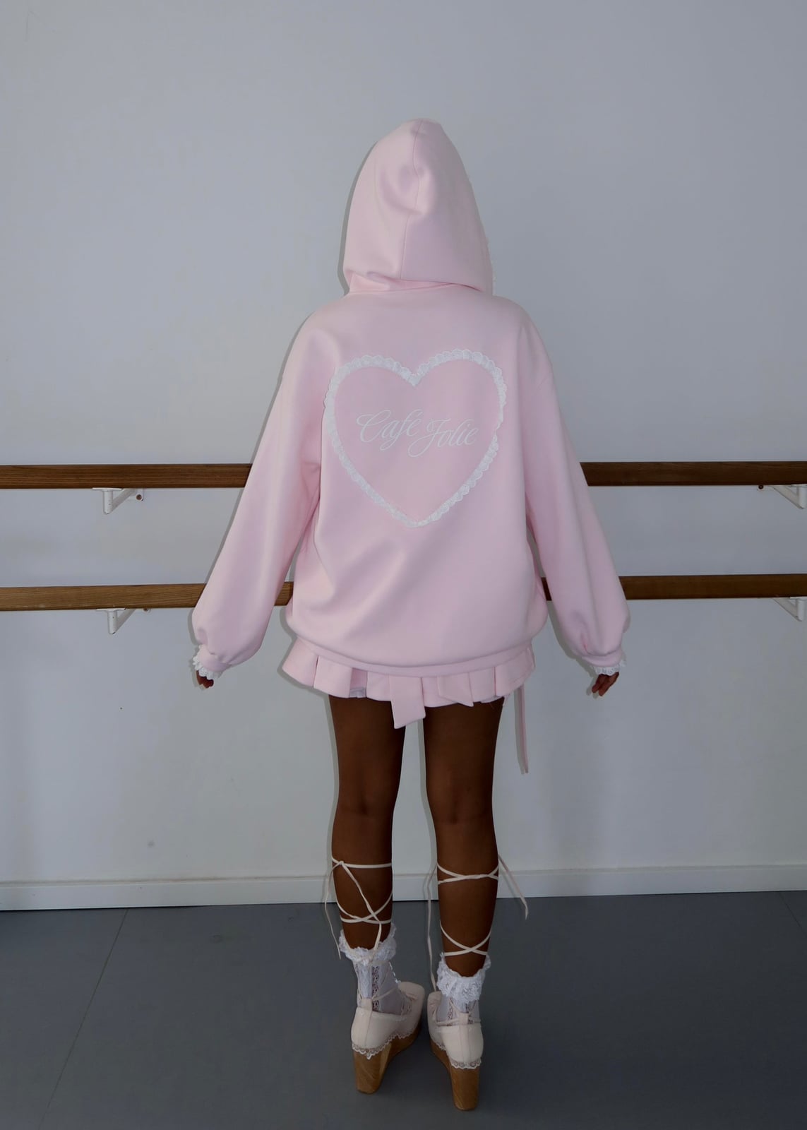 Pastel Pink Hoodie With White Heart Lace Detail and Pleated Skirt Pastel Pink Hoodie With White Heart Lace Detail and Pleated Skirt — Aesthetic Pink Hoodie Outfit