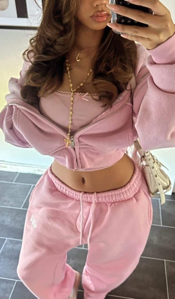 Pastel Pink Zip-Up Hoodie Over Crop Top With Sweatpants Pastel Pink Zip-Up Hoodie Over Crop Top With Sweatpants — Aesthetic Pink Hoodie Outfit