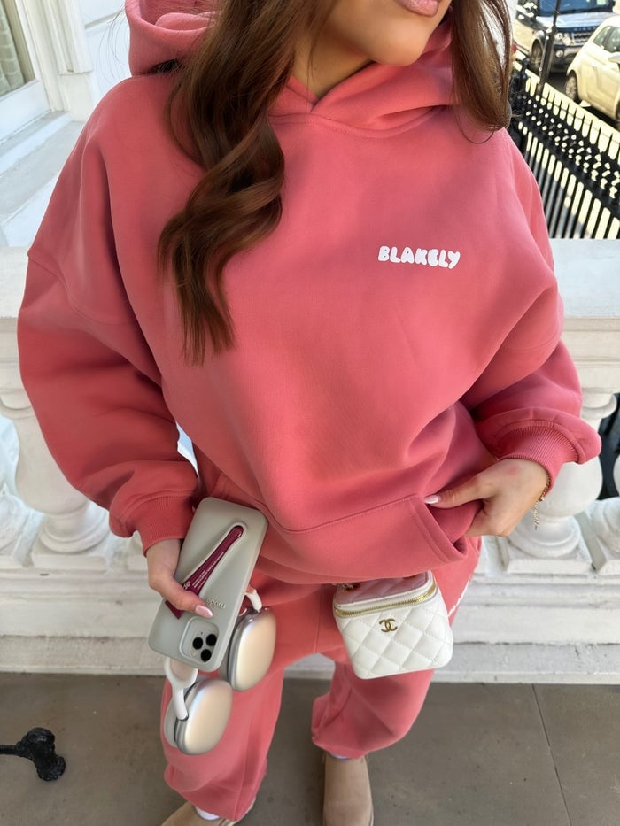 Coral Pink Hoodie and Sweatpants With Embossed Logo Coral Pink Hoodie and Sweatpants With Embossed Logo — Aesthetic Pink Hoodie Outfit