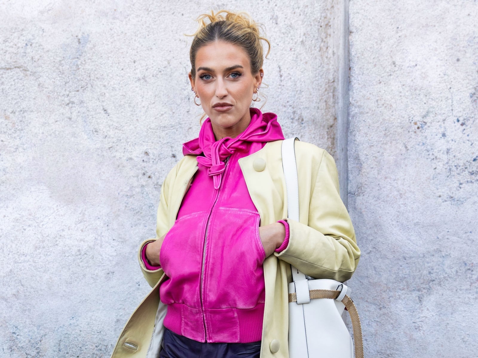 Hot Pink Zip-Up Hoodie Under Leather Trench Coat Hot Pink Zip-Up Hoodie Under Leather Trench Coat — Aesthetic Pink Hoodie Outfit