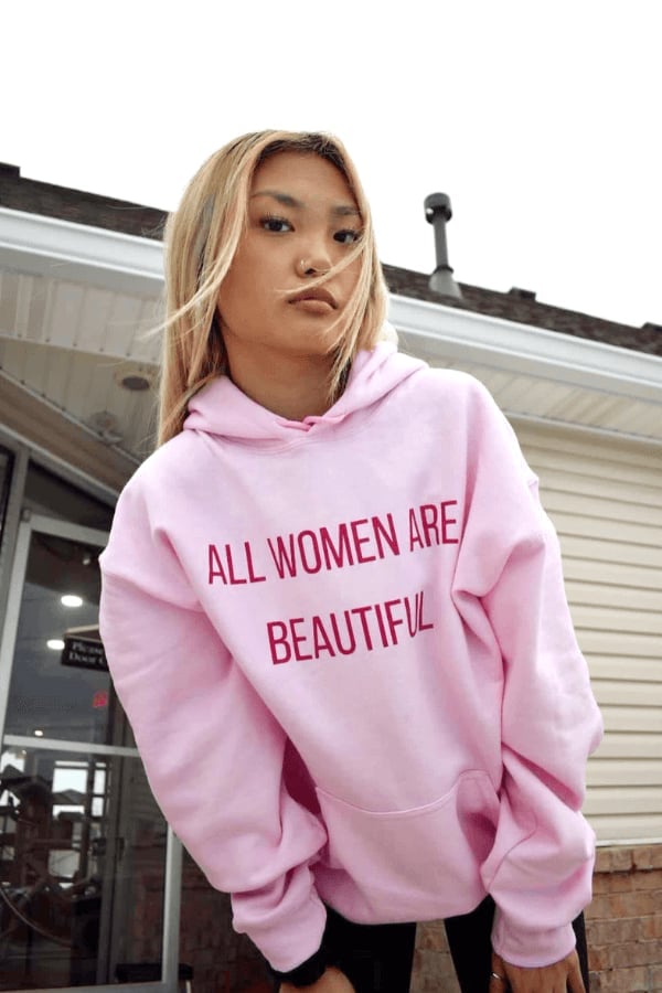 Oversized Pink Hoodie With 'All Women Are Beautiful' Graphic Text Oversized Pink Hoodie With 'All Women Are Beautiful' Graphic Text — Aesthetic Pink Hoodie Outfit