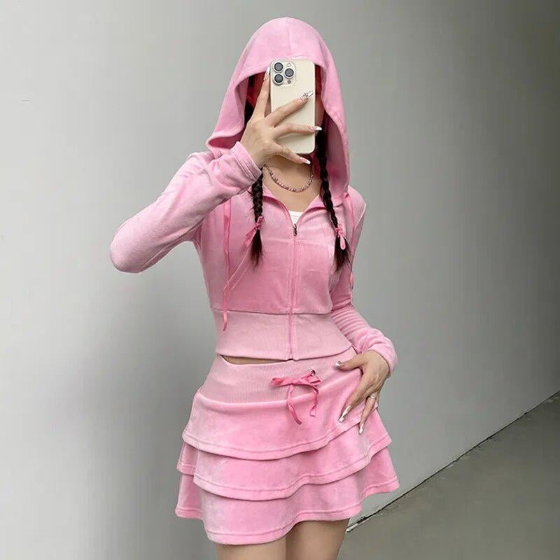 Fitted Pink Velour Hoodie With Tiered Mini Skirt Fitted Pink Velour Hoodie With Tiered Mini Skirt — Aesthetic Pink Hoodie Outfit