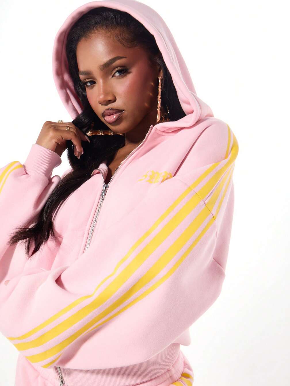 Oversized Pink Zip-Up Hoodie With Yellow Sleeve Stripes Oversized Pink Zip-Up Hoodie With Yellow Sleeve Stripes — Aesthetic Pink Hoodie Outfit