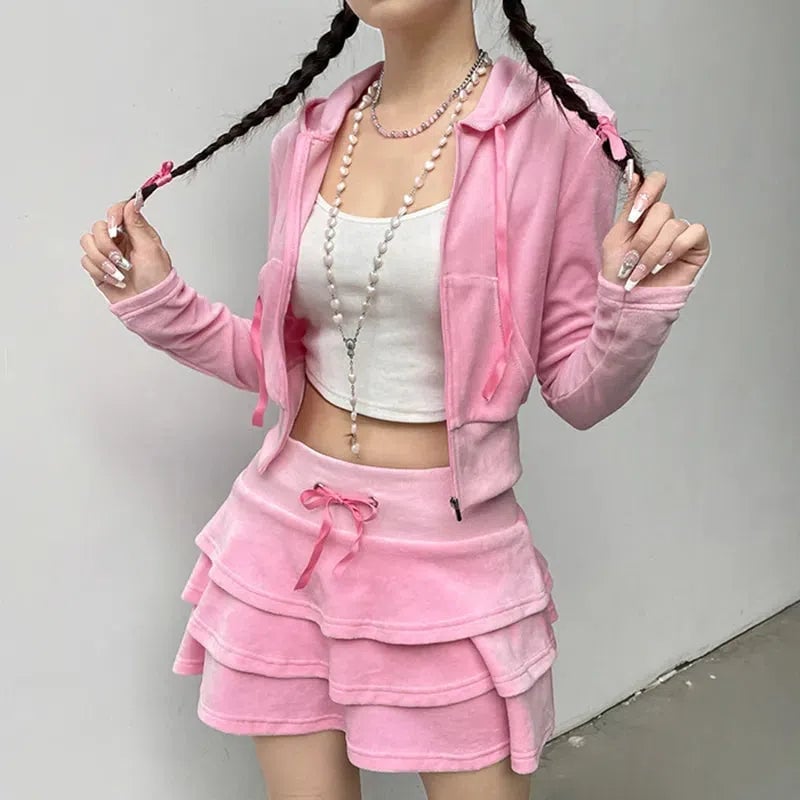 Fitted Pink Velour Zip-Up Hoodie With Tiered Mini Skirt, Close-Up Take Fitted Pink Velour Zip-Up Hoodie With Tiered Mini Skirt, Close-Up Take — Aesthetic Pink Hoodie Outfit