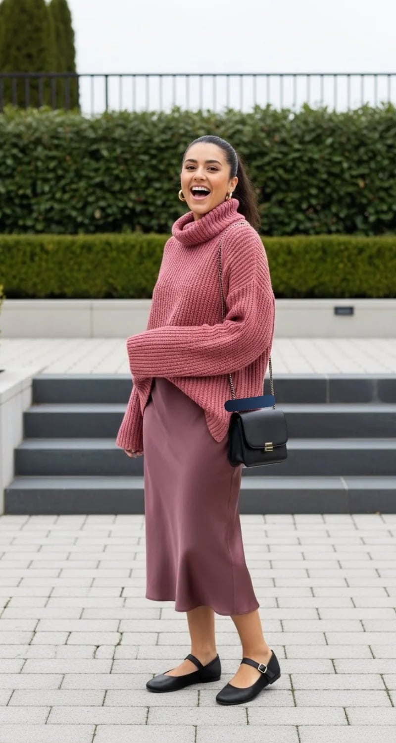Oversized Pink Knit Sweater with a Mauve Satin Midi Skirt Oversized Pink Knit Sweater with a Mauve Satin Midi Skirt — Aesthetic Pink Skirt Outfit