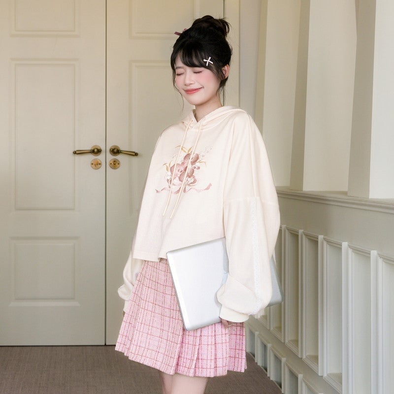 Casual Pink Plaid Tweed Skirt with a Cropped Hoodie Casual Pink Plaid Tweed Skirt with a Cropped Hoodie — Aesthetic Pink Skirt Outfit