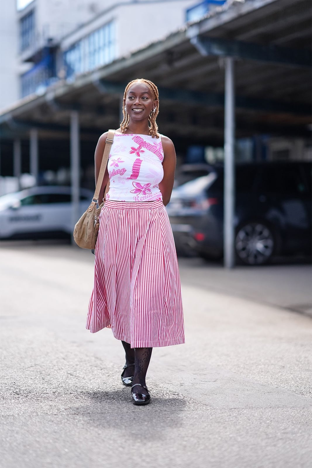 Striped Midi Skirt with a Floral Print Tank Top Striped Midi Skirt with a Floral Print Tank Top — Aesthetic Pink Skirt Outfit