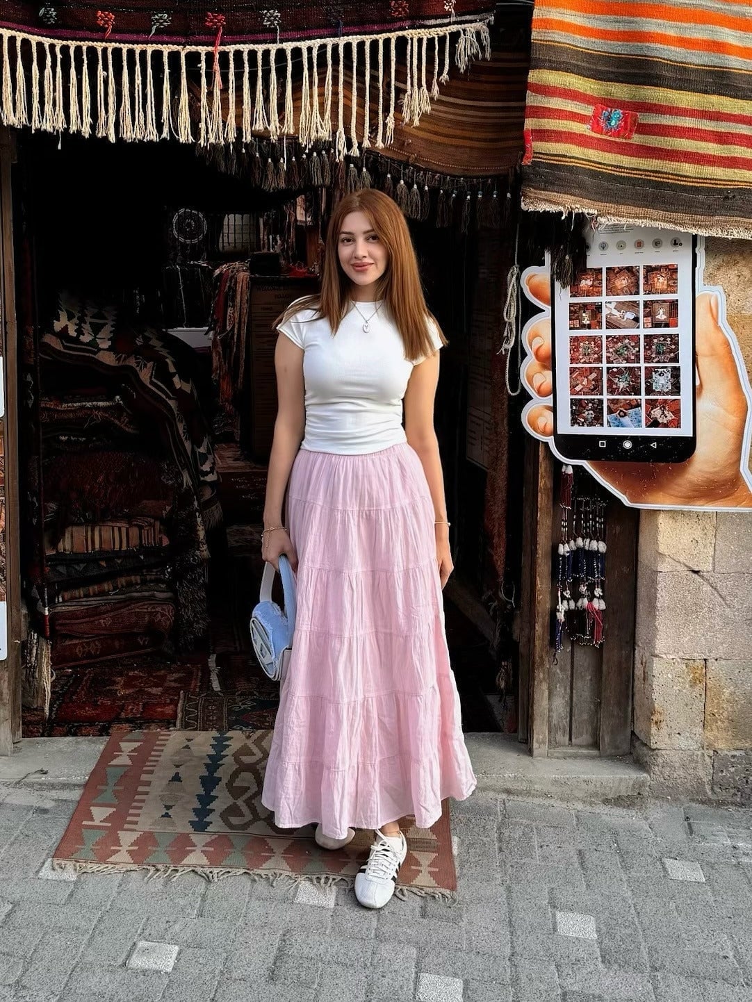 Tiered Pink Gauze Maxi Skirt with a White Tee Tiered Pink Gauze Maxi Skirt with a White Tee — Aesthetic Pink Skirt Outfit