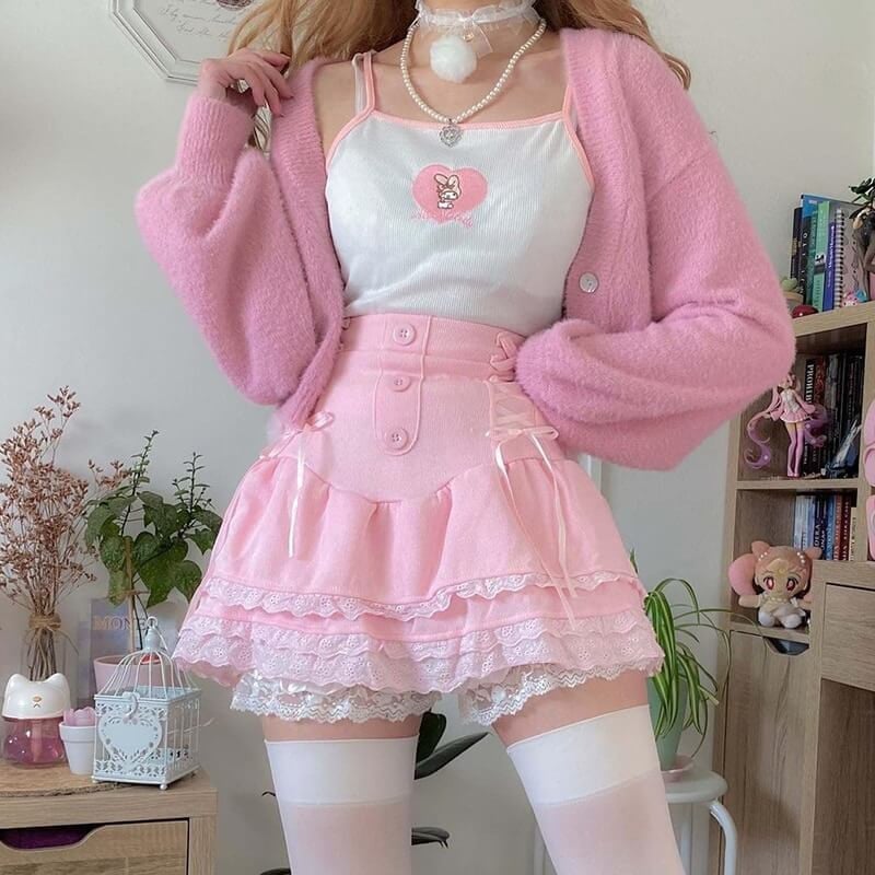 Coquette Pink Mini Skirt with Fluffy Cardigan Coquette Pink Mini Skirt with Fluffy Cardigan — Aesthetic Pink Skirt Outfit