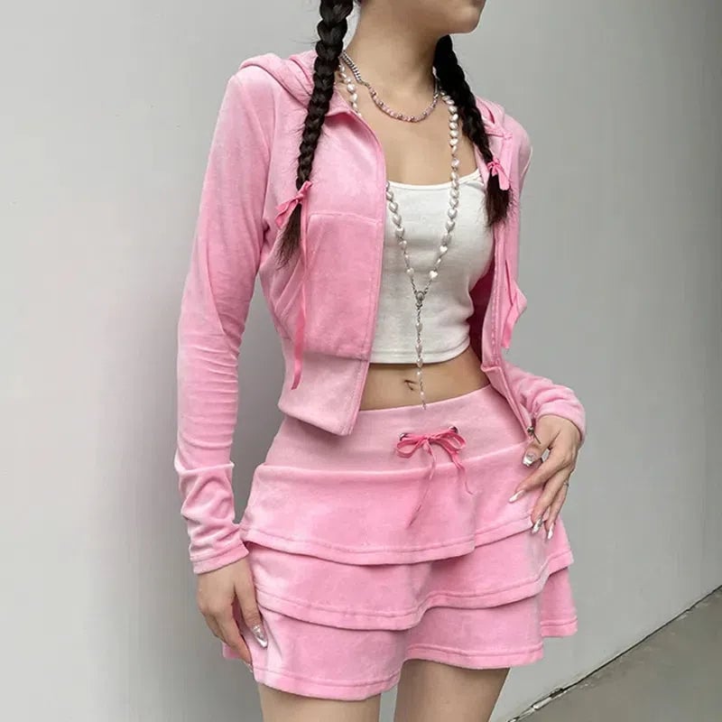Pink Velour Tiered Mini Skirt Streetwear Set Pink Velour Tiered Mini Skirt Streetwear Set — Aesthetic Pink Skirt Outfit