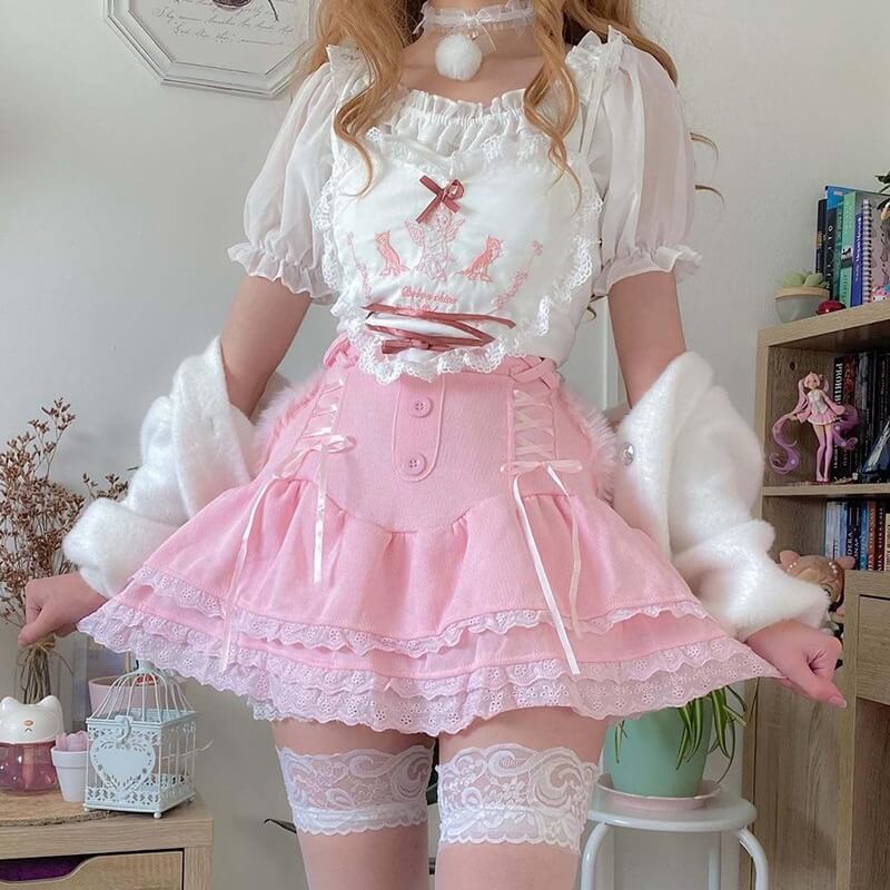 Coquette Pink Mini Skirt with Puff-Sleeve Blouse Coquette Pink Mini Skirt with Puff-Sleeve Blouse — Aesthetic Pink Skirt Outfit