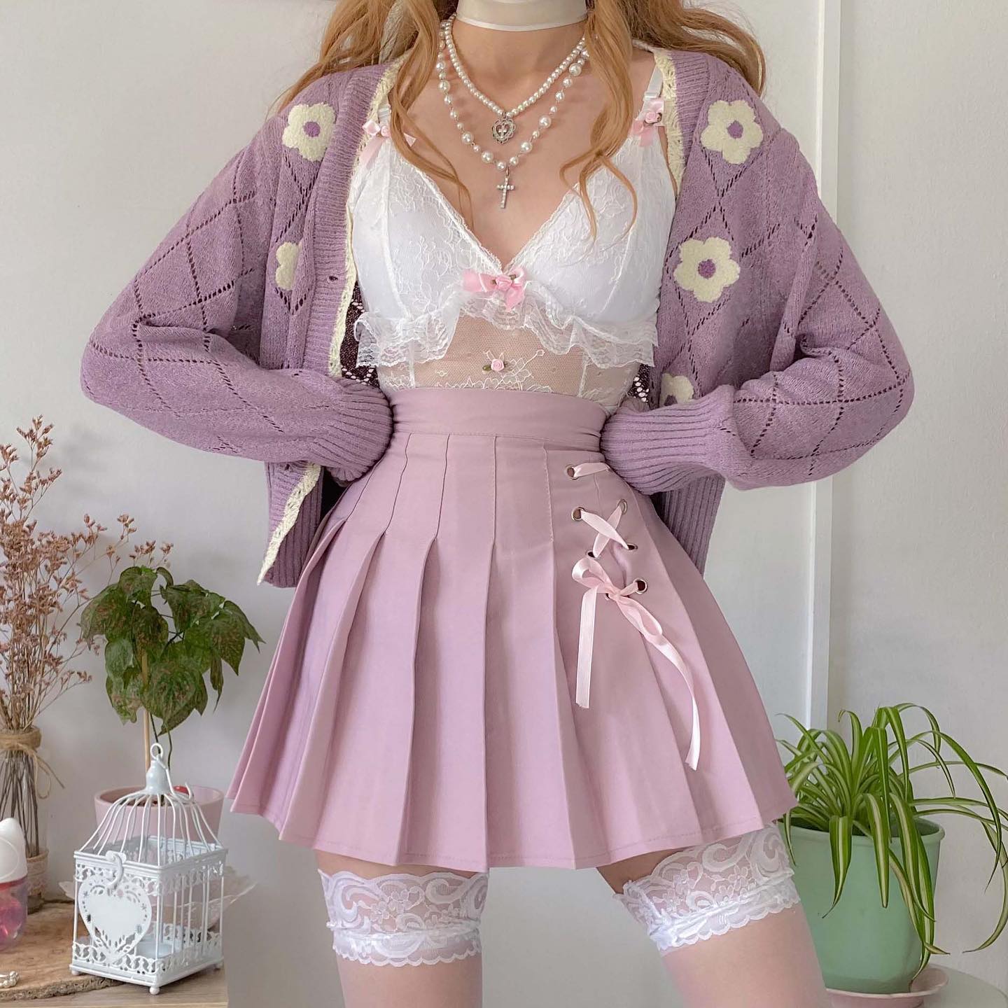 Kawaii Pink Pleated Mini Skirt with Ribbon Lacing Kawaii Pink Pleated Mini Skirt with Ribbon Lacing — Aesthetic Pink Skirt Outfit
