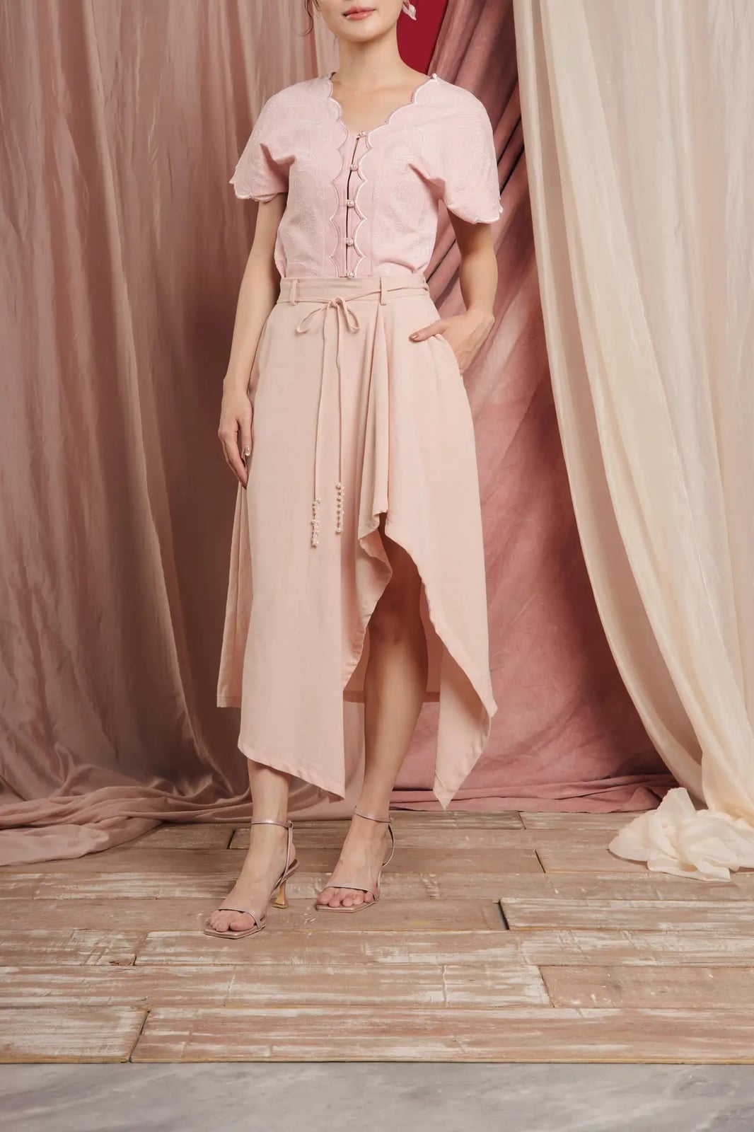 Pale Pink Asymmetrical Midi Skirt with Tie Belt Pale Pink Asymmetrical Midi Skirt with Tie Belt — Aesthetic Pink Skirt Outfit