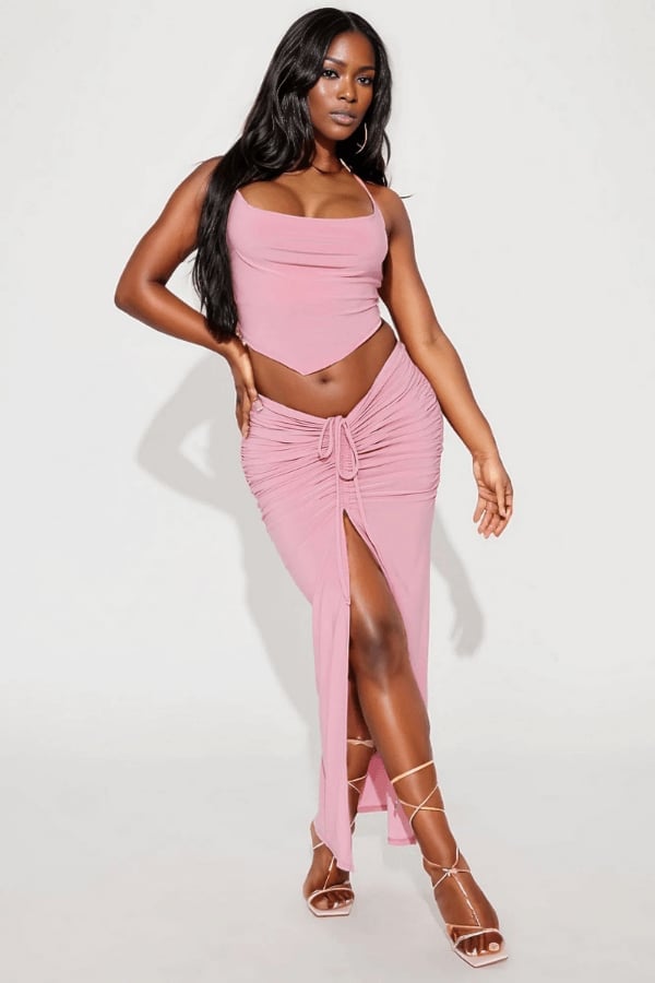 Ruched Pink Midi Skirt with a High Slit Ruched Pink Midi Skirt with a High Slit — Aesthetic Pink Skirt Outfit