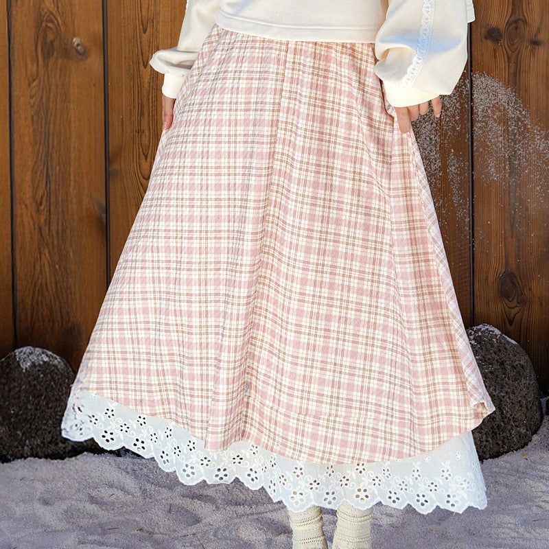 Pink Plaid Midi Skirt with Lace Trim Details Pink Plaid Midi Skirt with Lace Trim Details — Aesthetic Pink Skirt Outfit