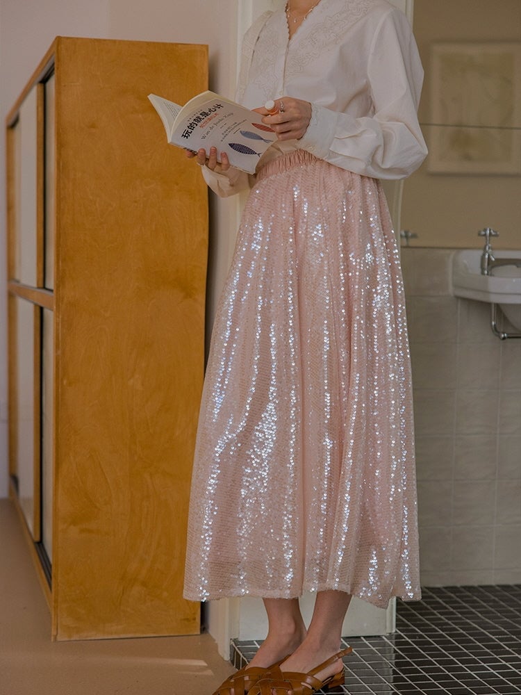 Blush Pink Sequined Tulle Skirt with Collared Blouse Blush Pink Sequined Tulle Skirt with Collared Blouse — Aesthetic Pink Skirt Outfit