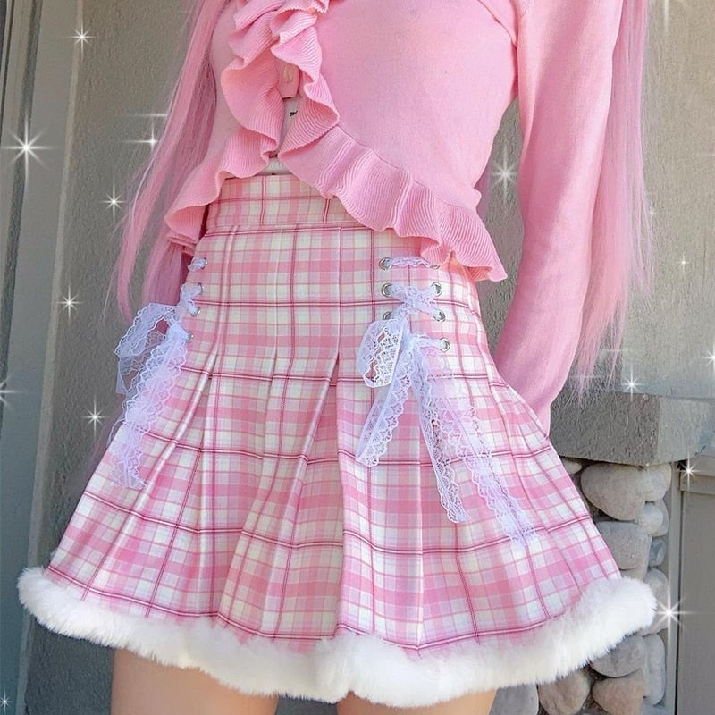 Kawaii Pink Plaid Mini Skirt with Fur Trim Kawaii Pink Plaid Mini Skirt with Fur Trim — Aesthetic Pink Skirt Outfit