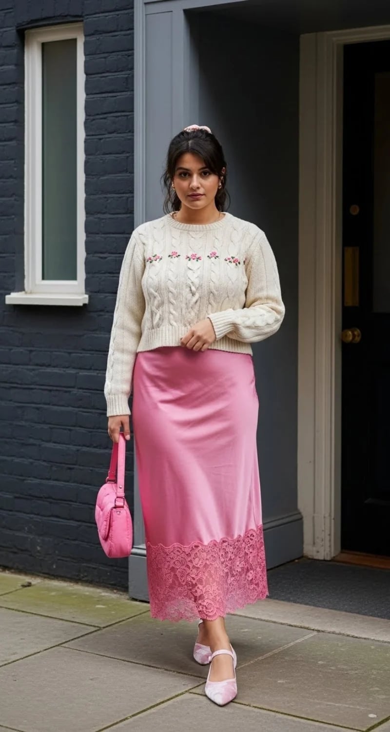 Satin Midi Skirt with Lace Trim and Cozy Knitwear Satin Midi Skirt with Lace Trim and Cozy Knitwear — Aesthetic Pink Skirt Outfit