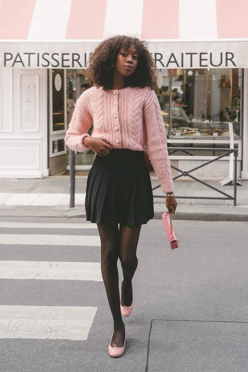 Fitted Pink Cable Knit Sweater with a Black Pleated Skirt — Aesthetic Pink Sweater Outfit