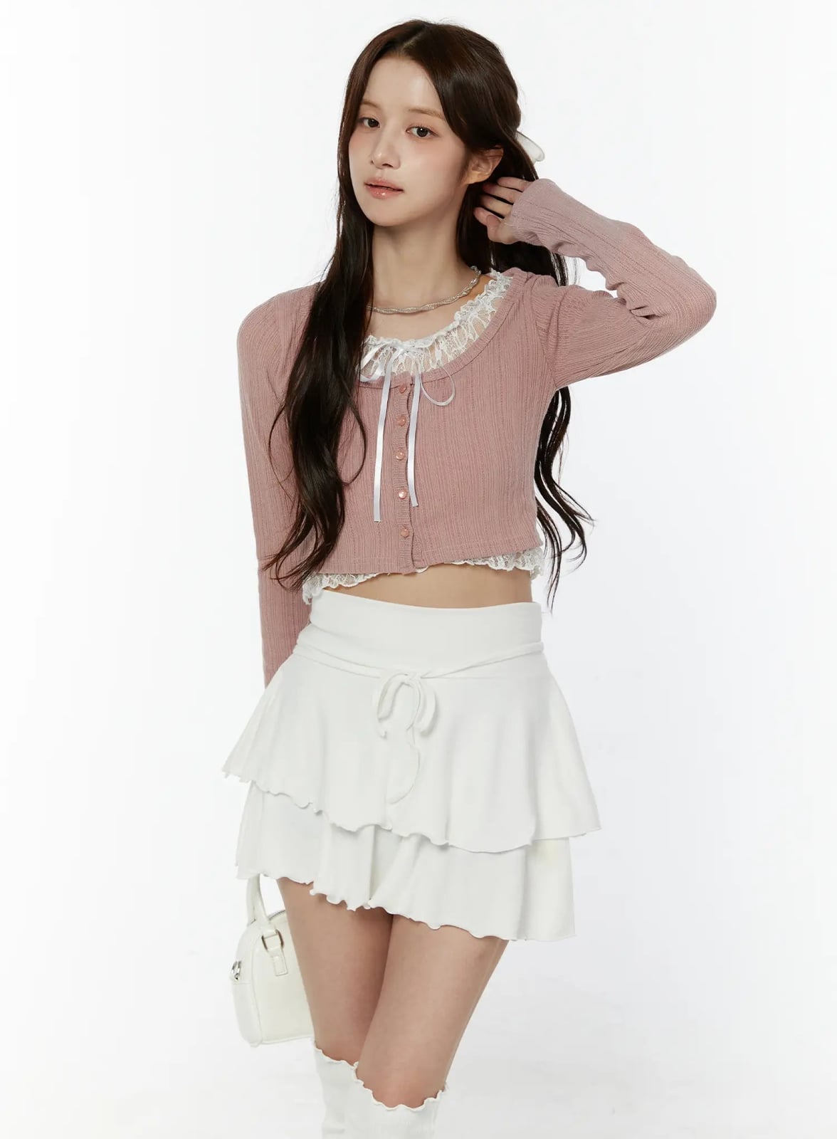 Pink Cropped Knit Cardigan with Lace Trim and White Ruffled Skirt — Aesthetic Pink Sweater Outfit