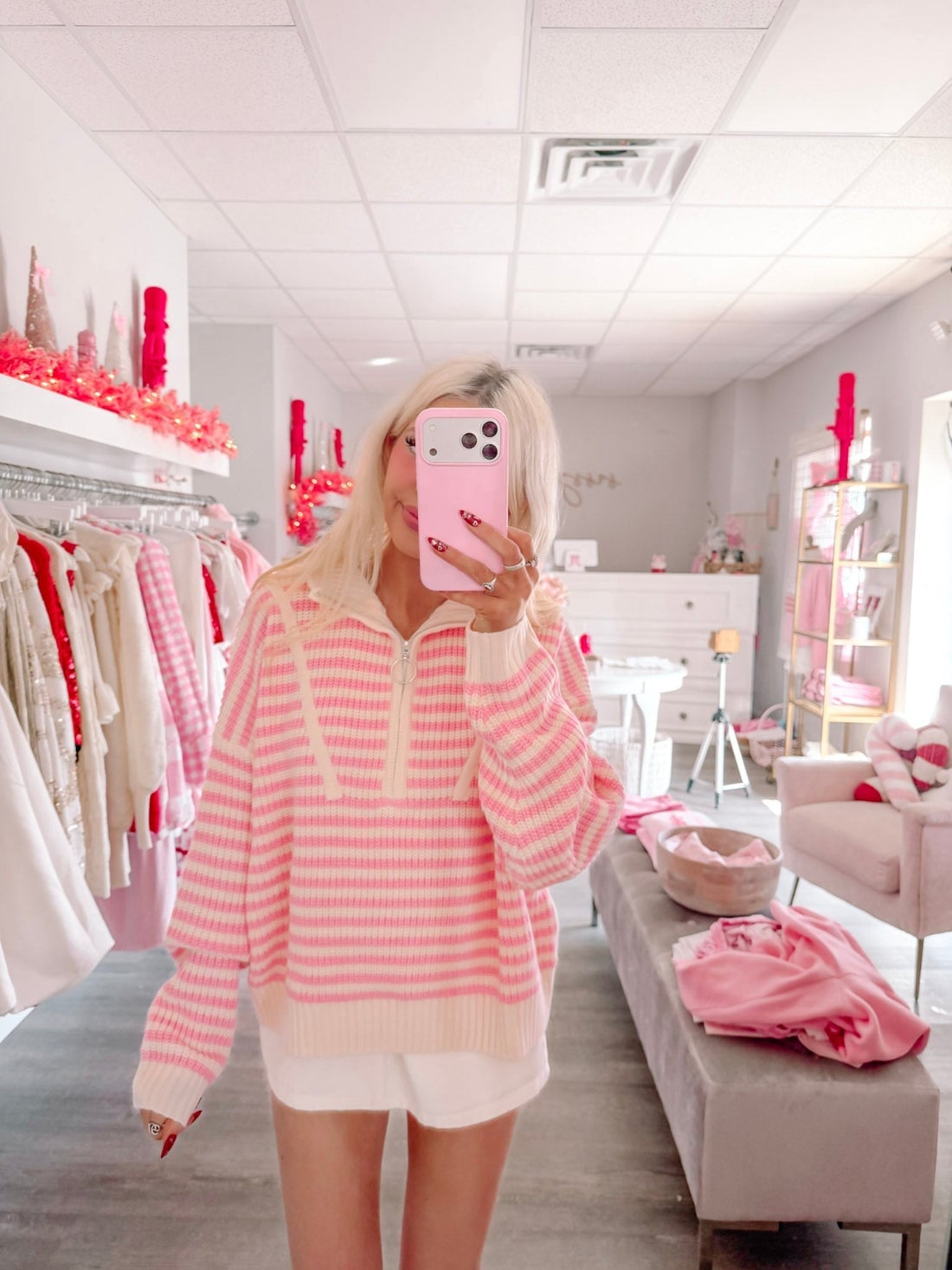 Pink and Cream Striped Knit Quarter-Zip Sweater — Aesthetic Pink Sweater Outfit