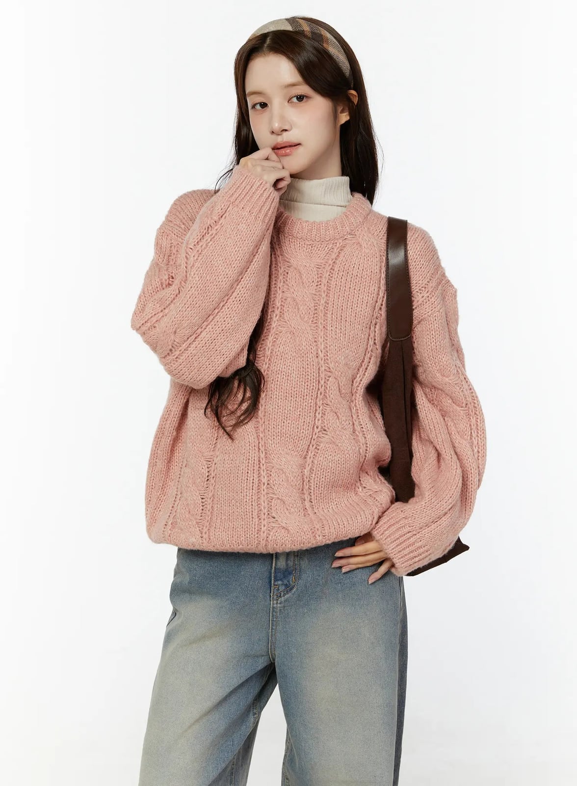 Oversized Pink Cable Knit Sweater Over a Cream Turtleneck with Blue — Aesthetic Pink Sweater Outfit