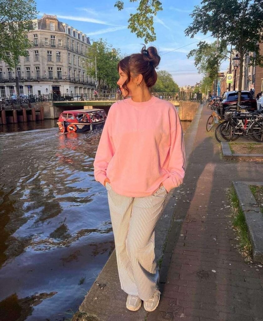 Oversized Pink Chunky Knit Sweater with Striped Wide-Leg Pants — Aesthetic Pink Sweater Outfit