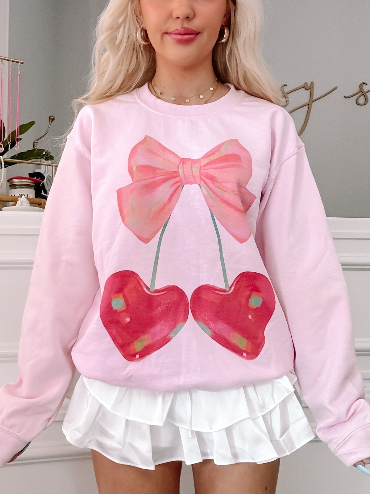 Pink Crewneck Sweatshirt with Cherry Bow Graphic — Aesthetic Pink Sweater Outfit
