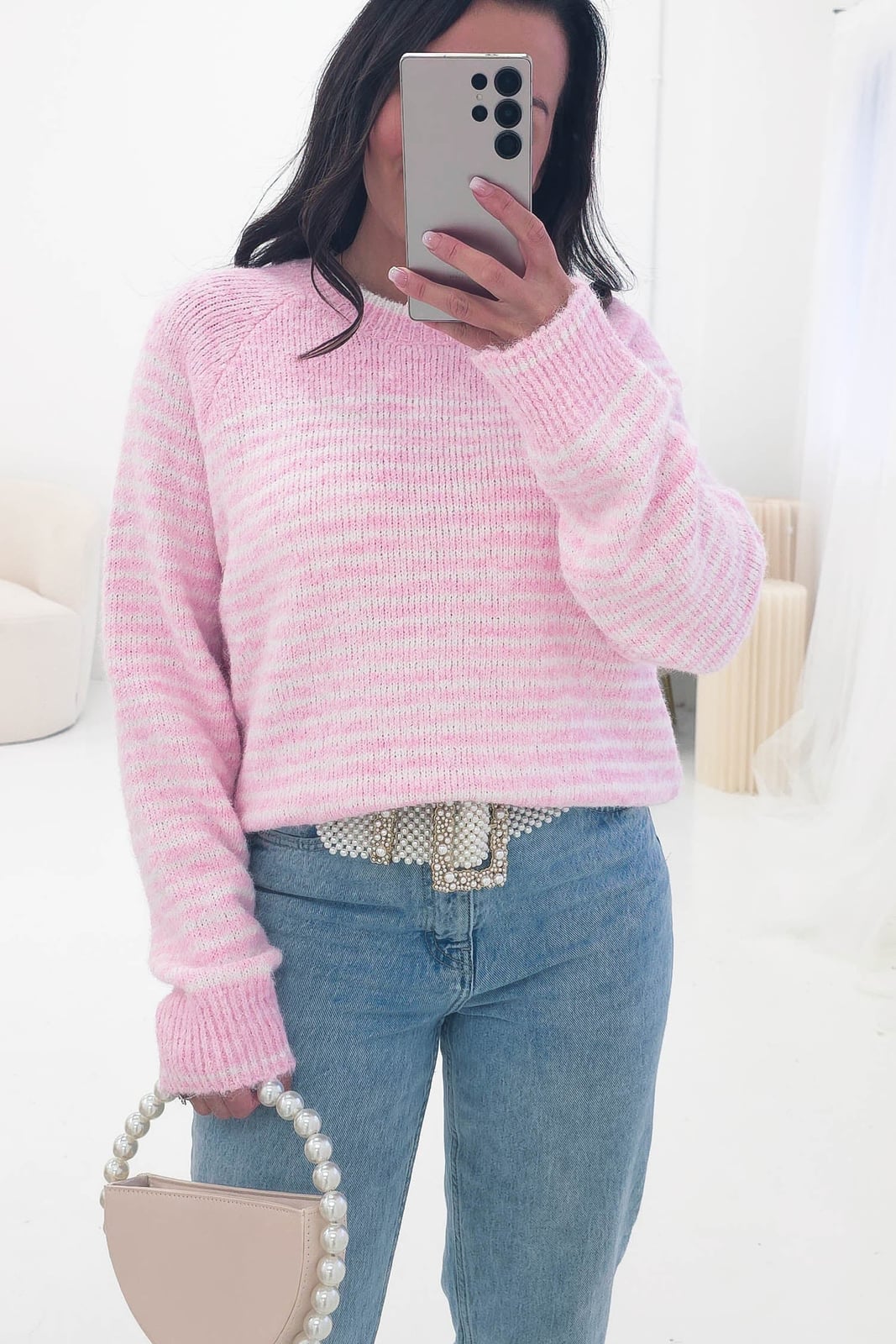 Pink and White Striped Knit Sweater with Pearl Accessories — Aesthetic Pink Sweater Outfit