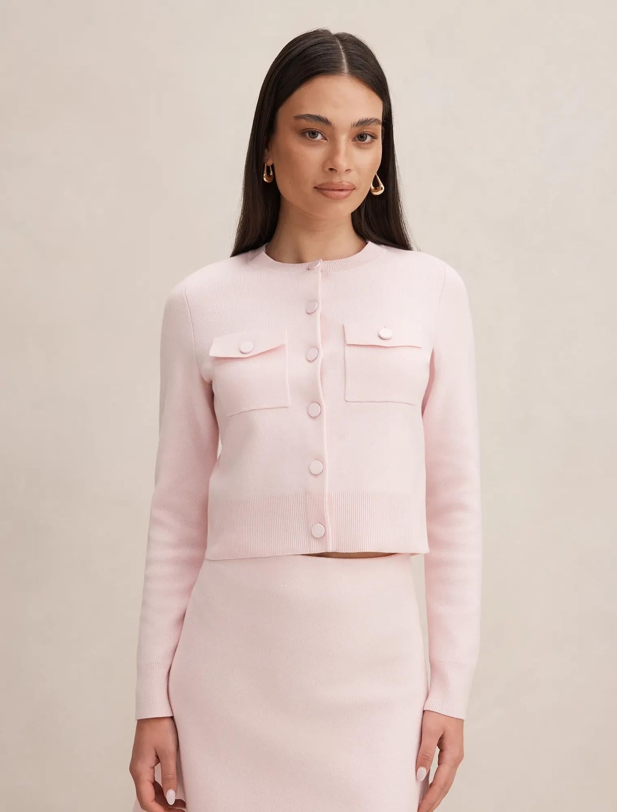 Light Pink Cropped Knit Cardigan with Front Pockets — Aesthetic Pink Sweater Outfit