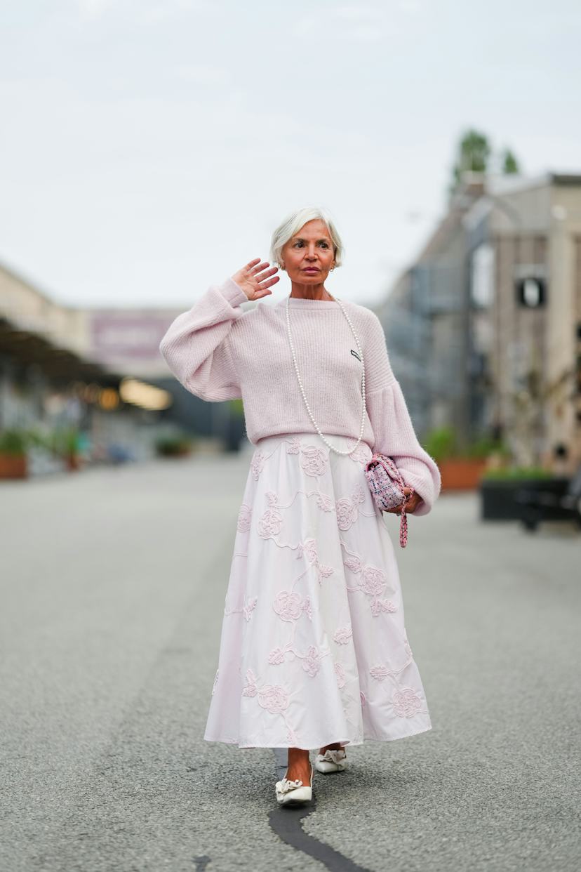 Light Pink Knit Sweater with Balloon Sleeves and Matching Skirt — Aesthetic Pink Sweater Outfit