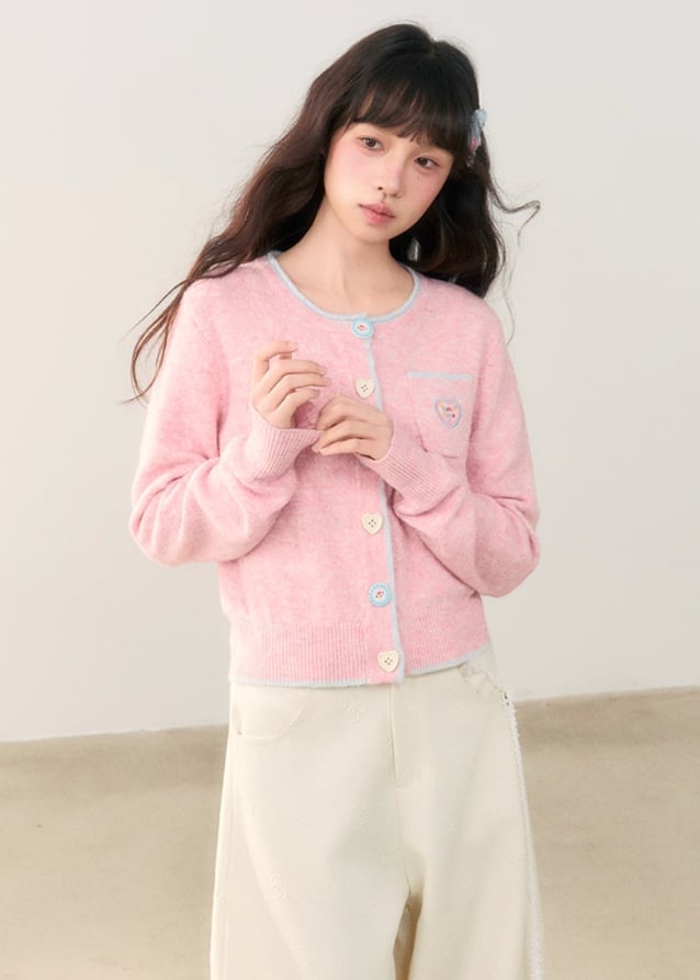 Fitted Pastel Pink Cardigan with Light Blue Trim and Heart Detail — Aesthetic Pink Sweater Outfit